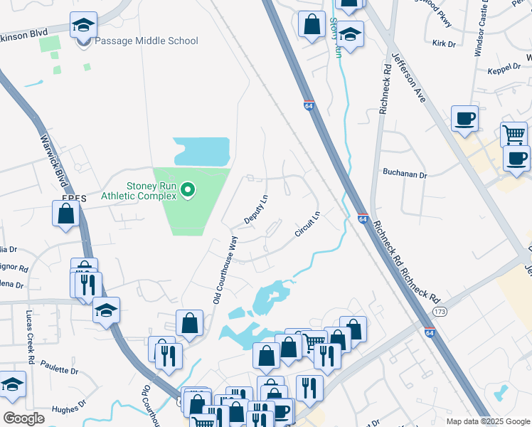 map of restaurants, bars, coffee shops, grocery stores, and more near 391 Deputy Lane in Newport News