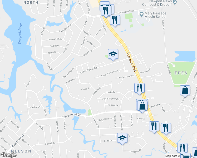map of restaurants, bars, coffee shops, grocery stores, and more near 248 Susan Constant Drive in Newport News