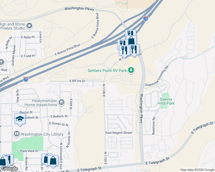 map of restaurants, bars, coffee shops, grocery stores, and more near North 1100 East in Washington