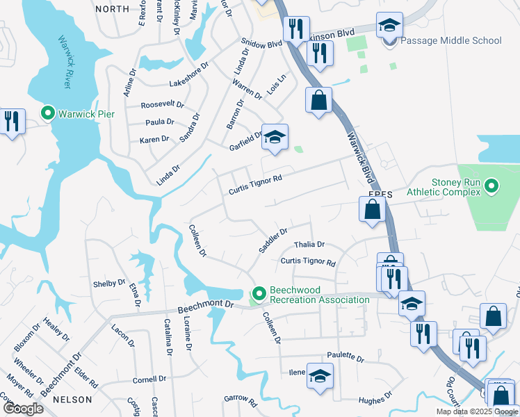 map of restaurants, bars, coffee shops, grocery stores, and more near 927 Verline Court in Newport News