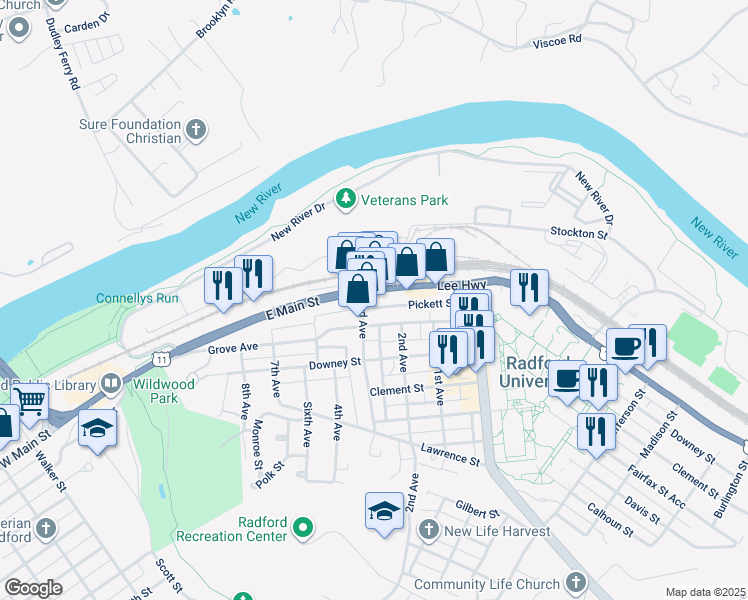 map of restaurants, bars, coffee shops, grocery stores, and more near 1212 Grove Avenue in Radford