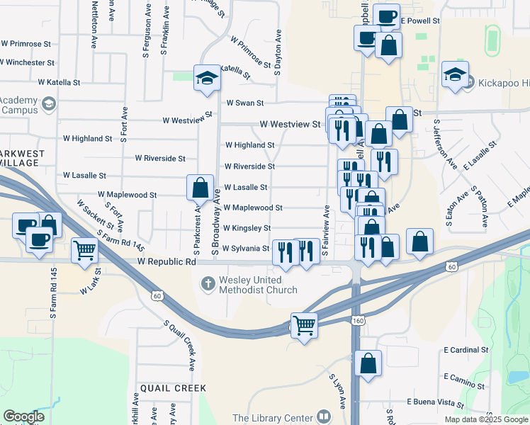 map of restaurants, bars, coffee shops, grocery stores, and more near 744 West Maplewood Street in Springfield