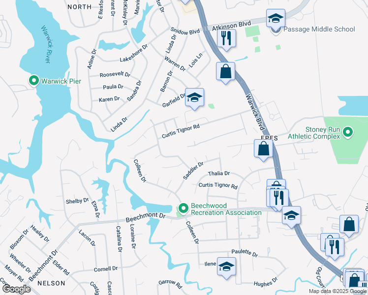 map of restaurants, bars, coffee shops, grocery stores, and more near 927 Verline Court in Newport News
