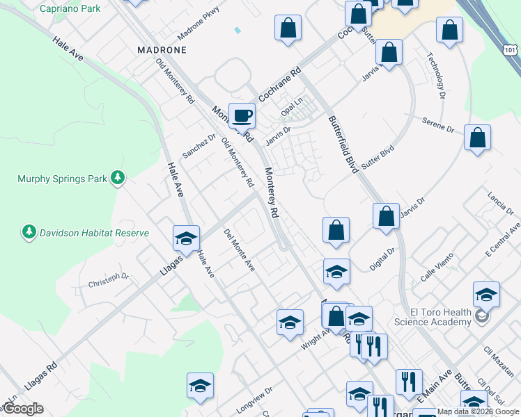 map of restaurants, bars, coffee shops, grocery stores, and more near 166 Bender Circle in Morgan Hill