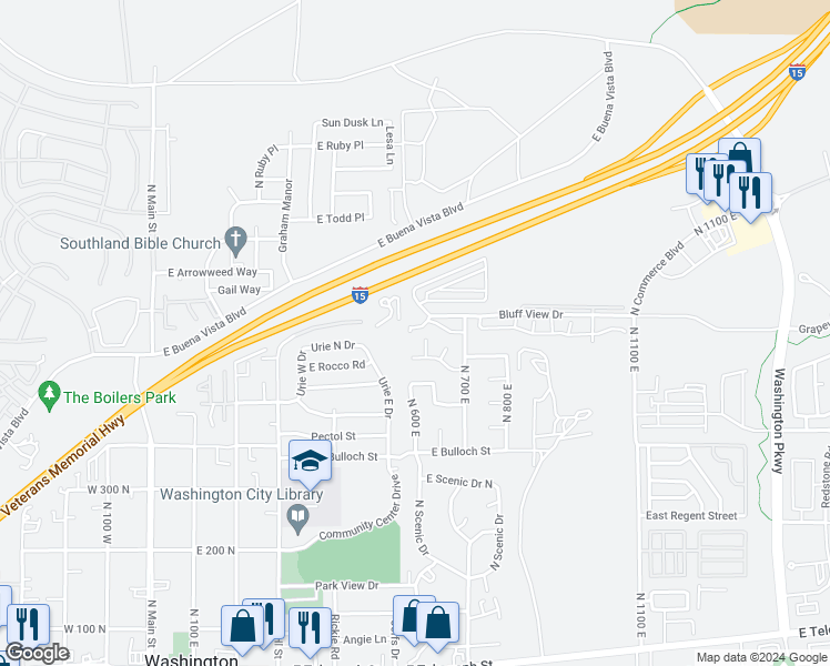 map of restaurants, bars, coffee shops, grocery stores, and more near 596 Bluff View Circle in Washington