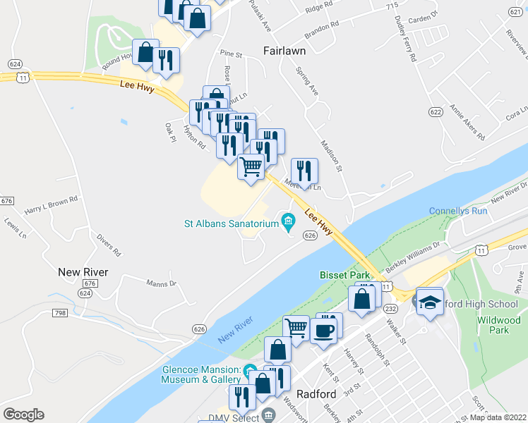 map of restaurants, bars, coffee shops, grocery stores, and more near 7486 Lee Highway in Fairlawn