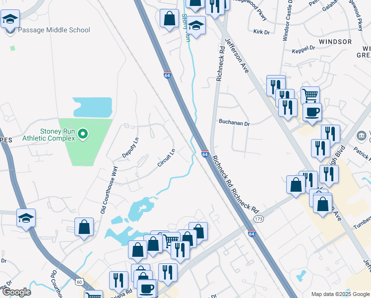 map of restaurants, bars, coffee shops, grocery stores, and more near 510 Magistrate Lane in Newport News