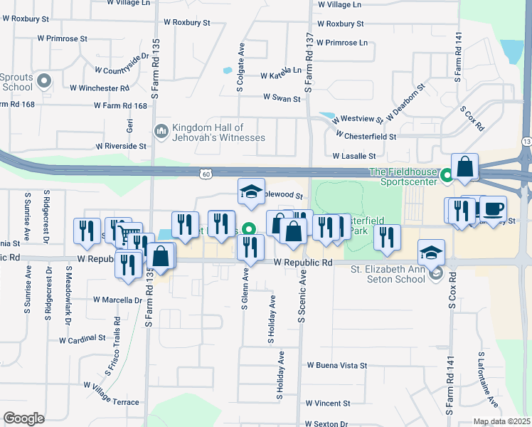 map of restaurants, bars, coffee shops, grocery stores, and more near 4051 South Farm Road 137 in Springfield