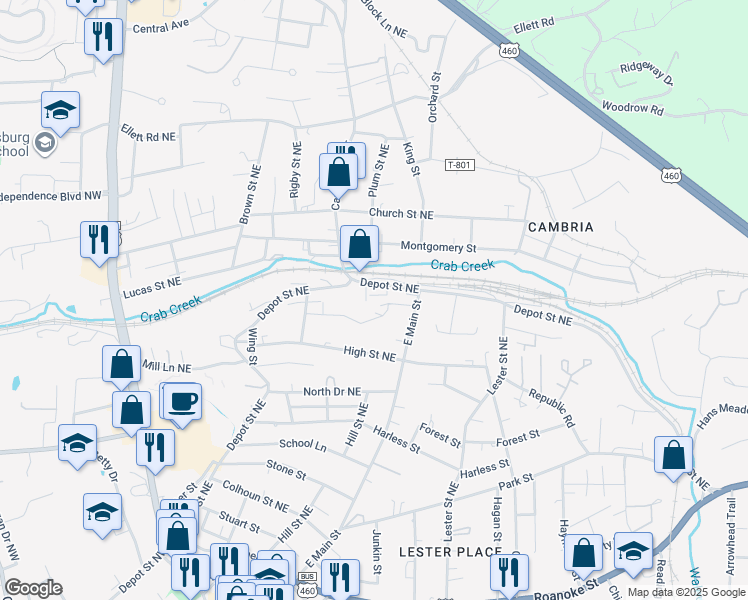 map of restaurants, bars, coffee shops, grocery stores, and more near 400-598 Shaffer Dr NE in Christiansburg