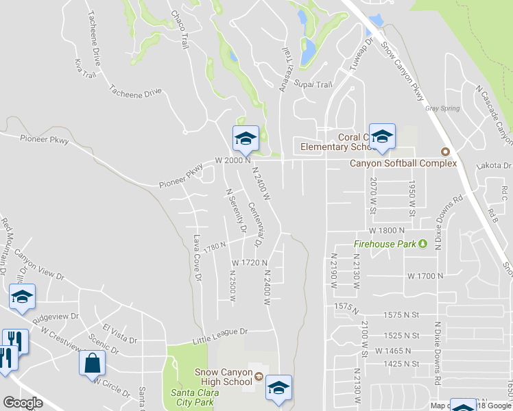 map of restaurants, bars, coffee shops, grocery stores, and more near 1870 Centennial Drive in St. George