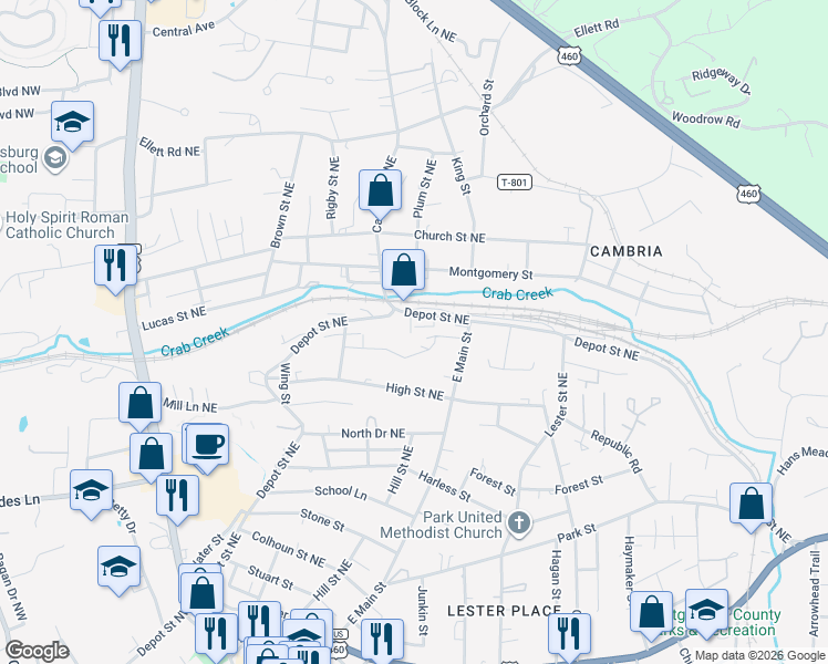 map of restaurants, bars, coffee shops, grocery stores, and more near 400-598 Shaffer Dr NE in Christiansburg