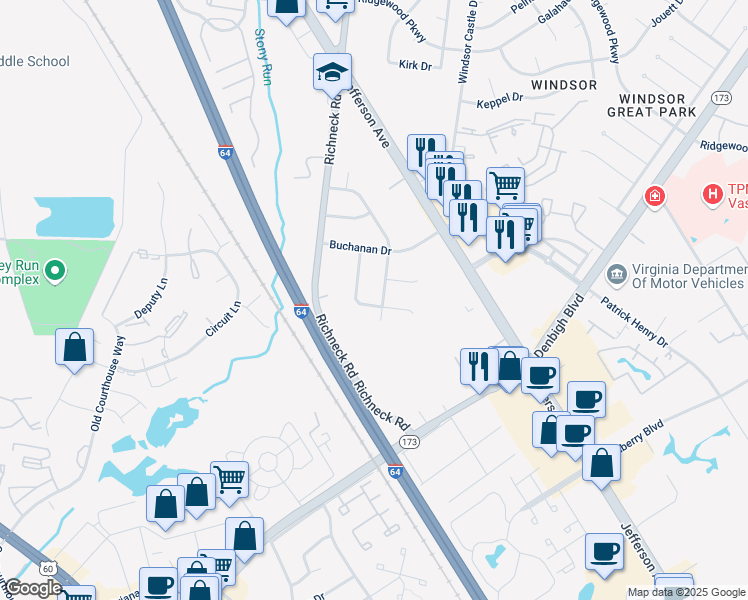 map of restaurants, bars, coffee shops, grocery stores, and more near 80 Richneck Road in Newport News