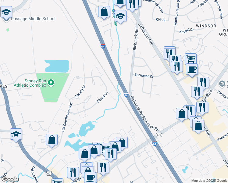 map of restaurants, bars, coffee shops, grocery stores, and more near 510 Magistrate Lane in Newport News
