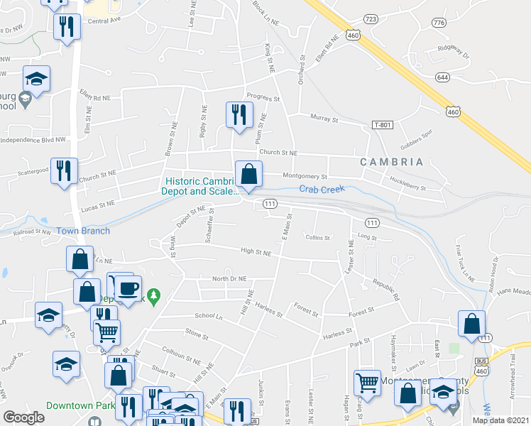 map of restaurants, bars, coffee shops, grocery stores, and more near 849 Hall Street Northeast in Christiansburg