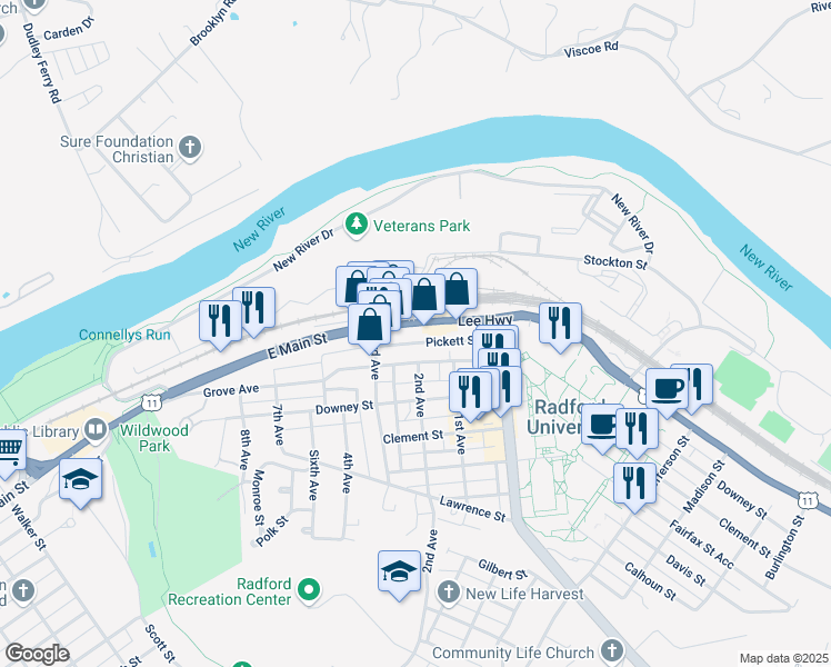 map of restaurants, bars, coffee shops, grocery stores, and more near 1116 Grove Avenue in Radford