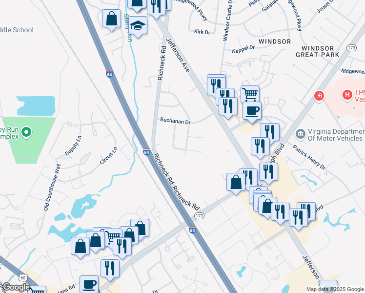 map of restaurants, bars, coffee shops, grocery stores, and more near 80 Richneck Road in Newport News