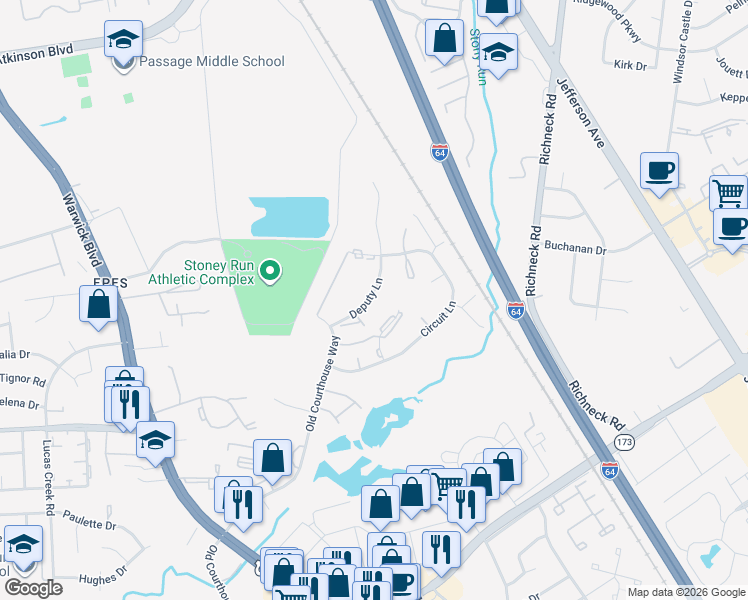 map of restaurants, bars, coffee shops, grocery stores, and more near 391 Deputy Lane in Newport News