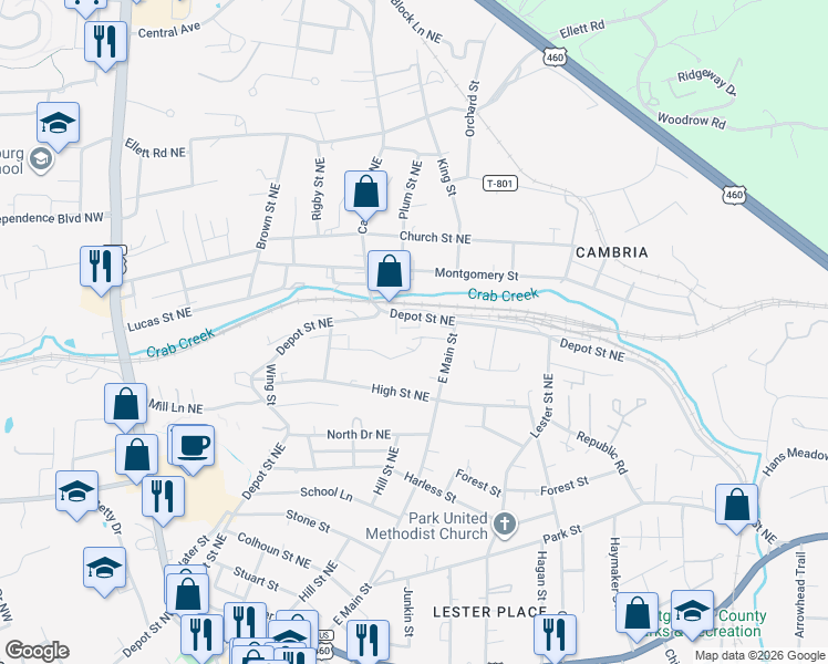 map of restaurants, bars, coffee shops, grocery stores, and more near 849 Hall Street Northeast in Christiansburg