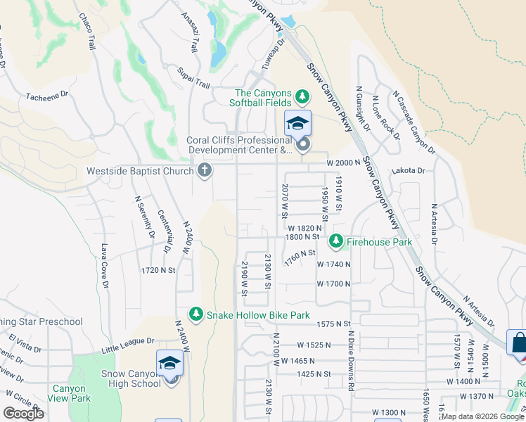 map of restaurants, bars, coffee shops, grocery stores, and more near 1998 West 1860 North Street in St. George