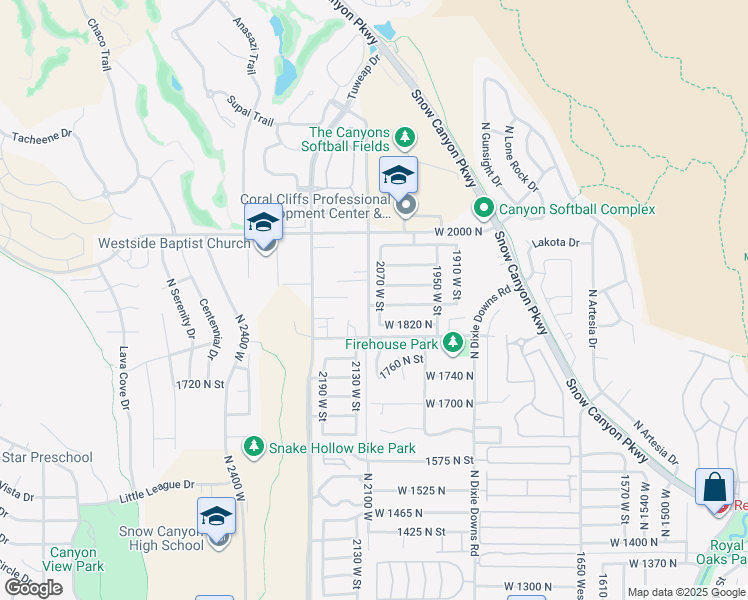 map of restaurants, bars, coffee shops, grocery stores, and more near 1835 2070 West Street in St. George