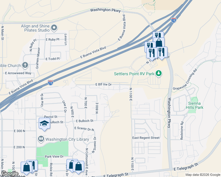 map of restaurants, bars, coffee shops, grocery stores, and more near 1000 East Bluff View Drive in Washington