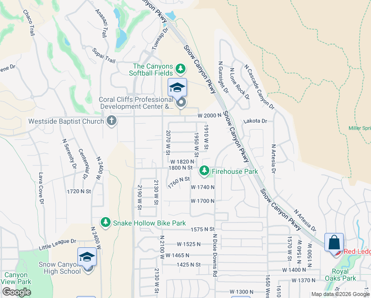 map of restaurants, bars, coffee shops, grocery stores, and more near 1998 West 1860 North Street in St. George