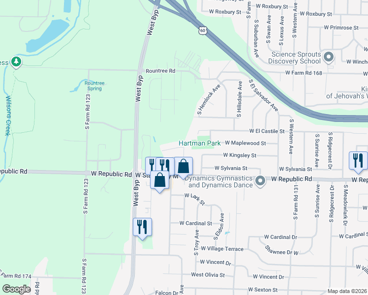 map of restaurants, bars, coffee shops, grocery stores, and more near 3913 West Maplewood Street in Springfield