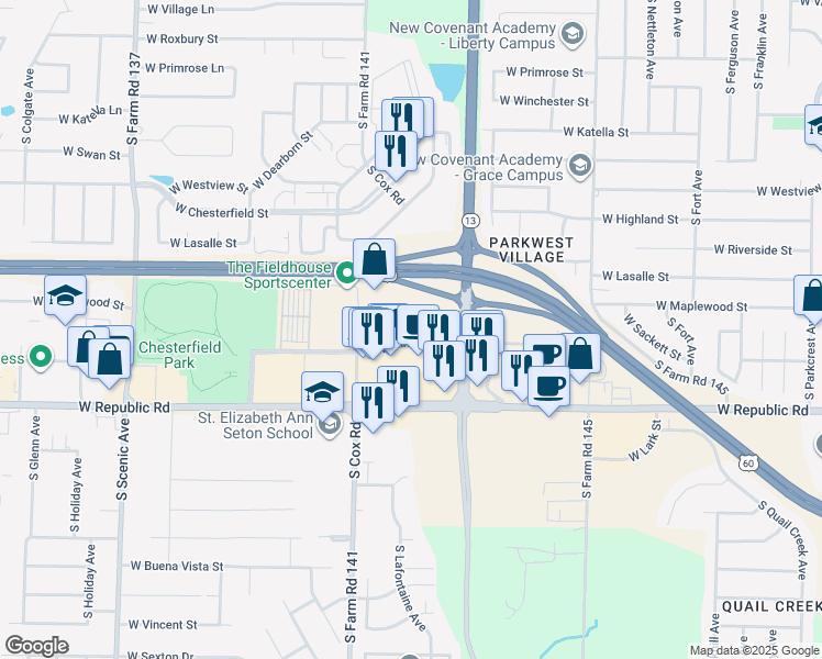 map of restaurants, bars, coffee shops, grocery stores, and more near 2021 West Kingsley Street in Springfield