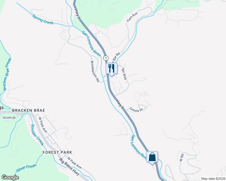 map of restaurants, bars, coffee shops, grocery stores, and more near 165 Orchard Drive in Boulder Creek