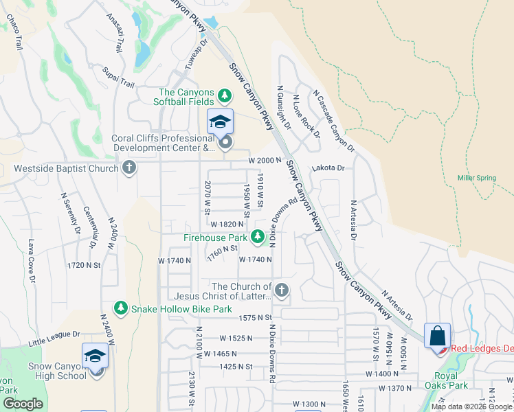 map of restaurants, bars, coffee shops, grocery stores, and more near 1875 1910 West Street in Saint George