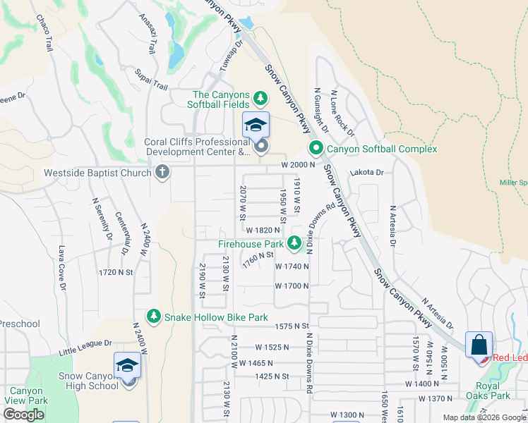 map of restaurants, bars, coffee shops, grocery stores, and more near 2010 1860 North Street in St. George