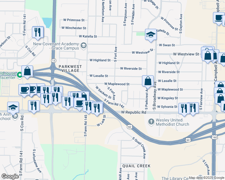 map of restaurants, bars, coffee shops, grocery stores, and more near 4042 South Fort Avenue in Springfield