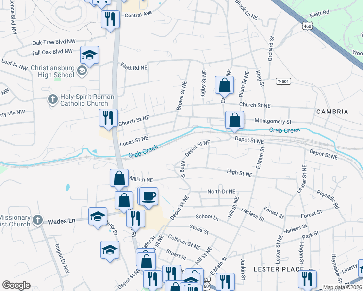 map of restaurants, bars, coffee shops, grocery stores, and more near 340 Lucas Street Northeast in Christiansburg
