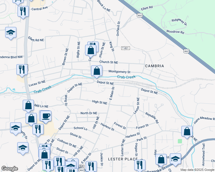 map of restaurants, bars, coffee shops, grocery stores, and more near 646-798 Depot St NE in Christiansburg