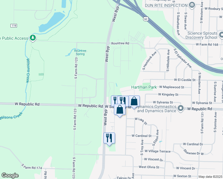 map of restaurants, bars, coffee shops, grocery stores, and more near 3800-4188 South State Highway Ff in Battlefield