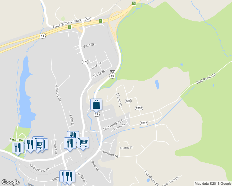 map of restaurants, bars, coffee shops, grocery stores, and more near 308 Bland Street in Tazewell County