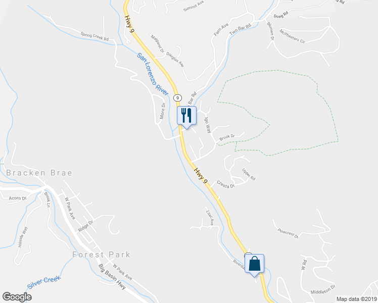 map of restaurants, bars, coffee shops, grocery stores, and more near 165 Orchard Drive in Boulder Creek