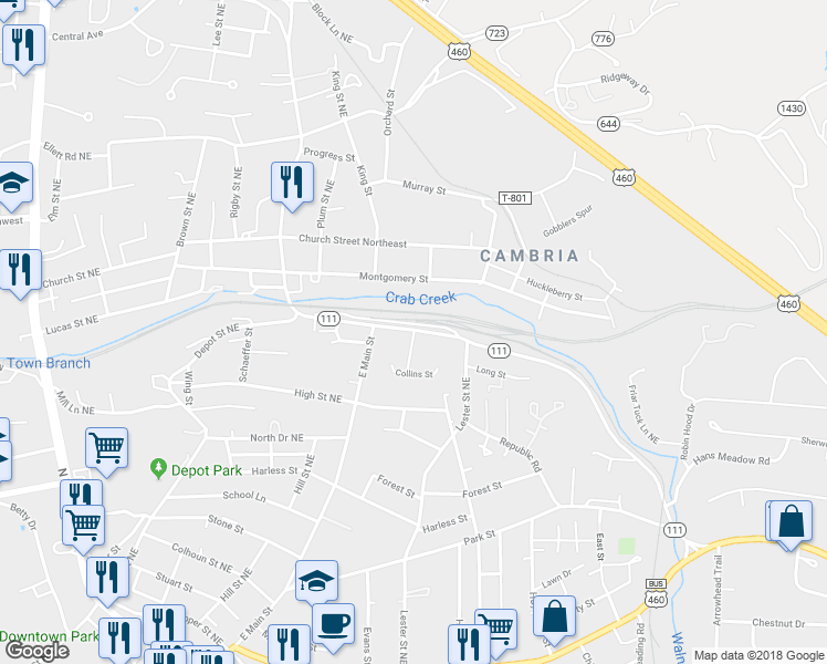 map of restaurants, bars, coffee shops, grocery stores, and more near 801 South Grant Street in Christiansburg