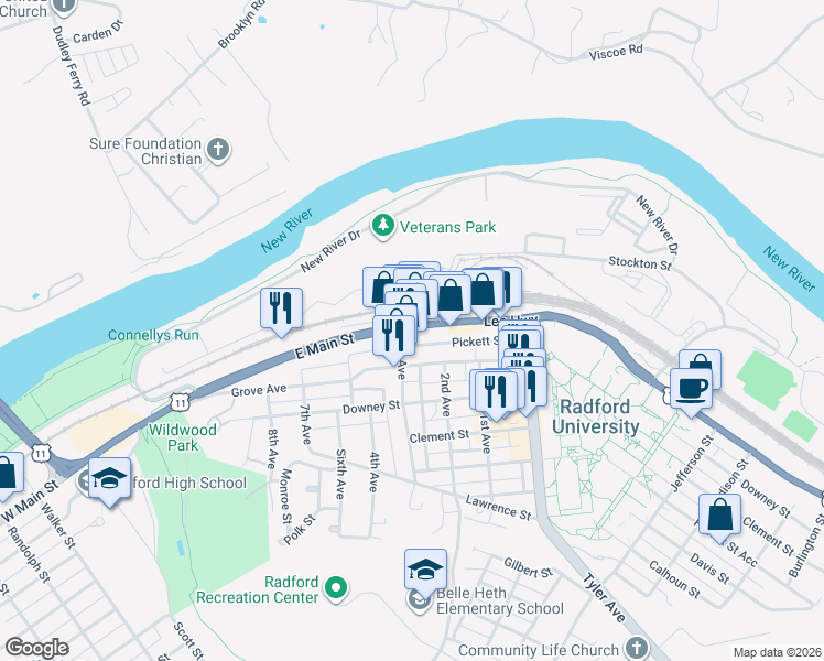 map of restaurants, bars, coffee shops, grocery stores, and more near 1145 East Main Street in Radford