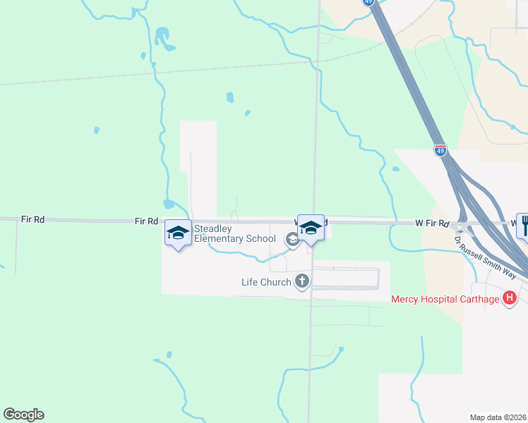 map of restaurants, bars, coffee shops, grocery stores, and more near 15519 Fir Road in Carthage