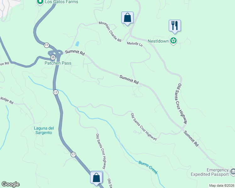 map of restaurants, bars, coffee shops, grocery stores, and more near 17650 Old Summit Road in Los Gatos