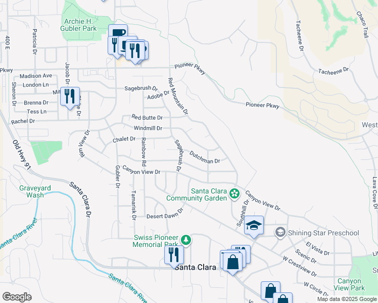 map of restaurants, bars, coffee shops, grocery stores, and more near 3089 Dutchman Drive in Santa Clara