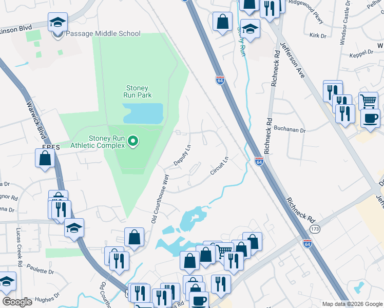 map of restaurants, bars, coffee shops, grocery stores, and more near 389 Deputy Lane in Newport News