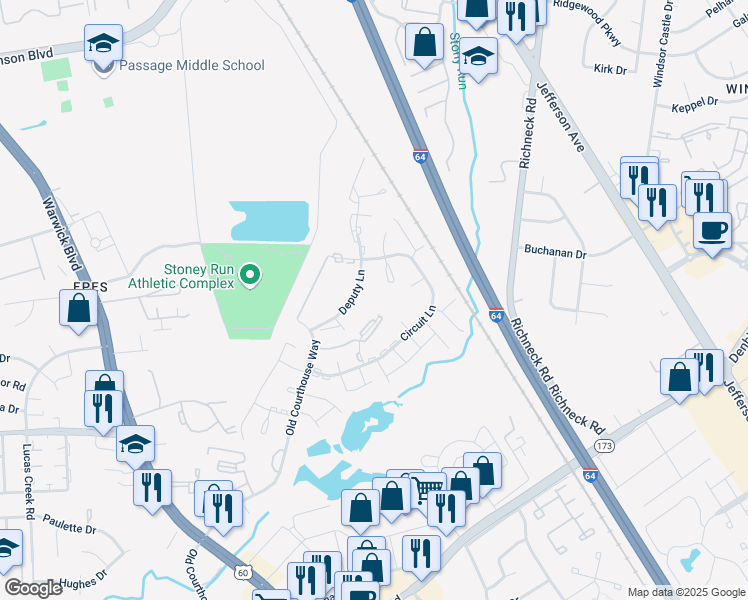 map of restaurants, bars, coffee shops, grocery stores, and more near 387 Deputy Lane in Newport News