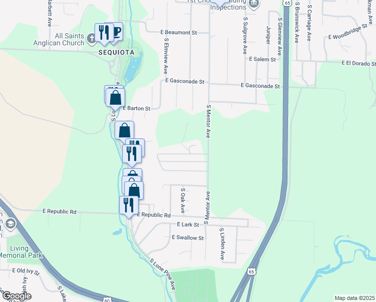 map of restaurants, bars, coffee shops, grocery stores, and more near 3801-3945 South Mentor Avenue in Springfield