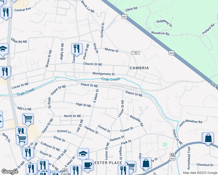 map of restaurants, bars, coffee shops, grocery stores, and more near Depot Street Northeast in Christiansburg