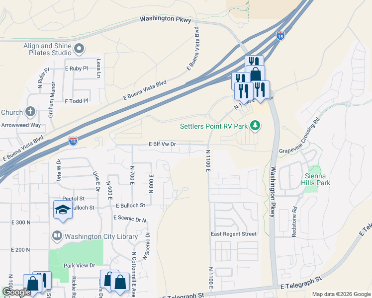 map of restaurants, bars, coffee shops, grocery stores, and more near 1000 East Bluff View Drive in Washington