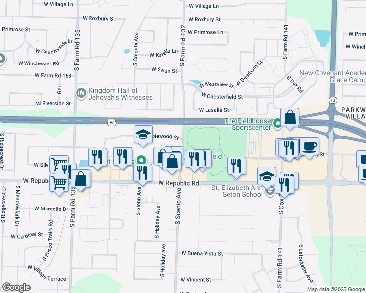 map of restaurants, bars, coffee shops, grocery stores, and more near 4051 South Farm Road 137 in Springfield