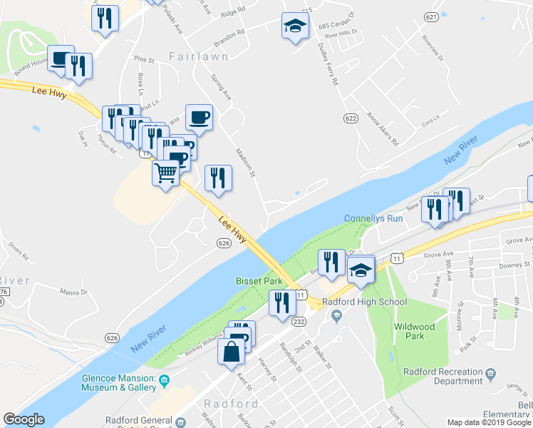 map of restaurants, bars, coffee shops, grocery stores, and more near 1 Madison Street in Radford