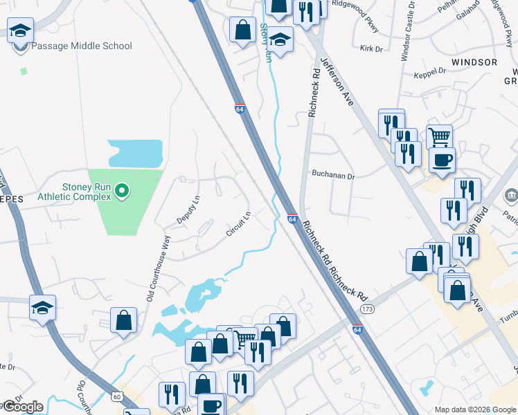 map of restaurants, bars, coffee shops, grocery stores, and more near 405 General Court in Newport News